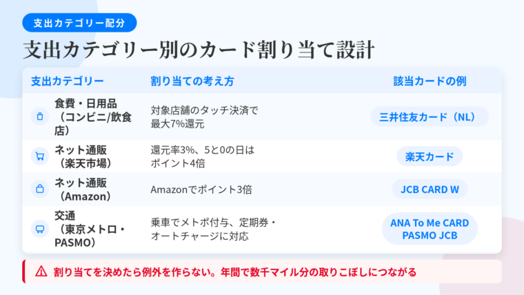 タイトル: 支出カテゴリー別のカード割り当て設計。3列の表: ヘッダー行: 支出カテゴリー | 割り当ての考え方 | 該当カードの例。行1: 食費・日用品(コンビニ/飲食店) | 対象店舗のスマホのタッチ決済で最大7%還元 | 三井住友カード(NL)。行2: ネット通販(楽天市場) | 楽天市場で還元率3%、5と0のつく日はポイント4倍 | 楽天カード。行3: ネット通販(Amazon) | Amazonでポイント3倍 | JCB CARD W。行4: 交通(東京メトロ・PASMO) | 乗車でメトポ付与、オートチャージ・定期券搭載 | ANA To Me CARD PASMO JCB(ソラチカカード)。行5: 公共料金・通信費 | 口座振替からカード払いへ切り替えて決済額を集約。ただし楽天カードは公共料金0.2%と低下。下部に注記: 割り当てを決めたら例外を作らない。年間で数千マイル分の取りこぼしにつながる