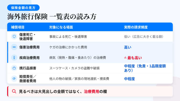 タイトル: 海外旅行保険の保険金額一覧表の読み方。5行の表: ヘッダー行: 補償項目 | 対象になる場面 | 実際の請求頻度。行1: 傷害死亡・後遺障害 | 事故による死亡・後遺障害 | 低い(広告に大きく載る額)。行2: 傷害治療費用 | ケガの治療にかかった費用 | 高い。行3: 疾病治療費用 | 病気(発熱・腹痛・食あたり)の治療費 | 最も高い。行4: 携行品損害 | スーツケース・カメラの盗難や破損 | 中程度(免責・1品限度額あり)。行5: 賠償責任/救援者費用 | 他人の物の破損/家族の現地渡航・捜索費 | 中程度。表の下に注記: 見るべきは大見出しの金額ではなく治療費用の欄