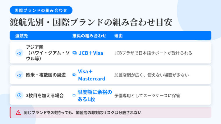 タイトル: 渡航先別・国際ブランドの組み合わせ目安。3列の表: ヘッダー行: 渡航先 | 推奨の組み合わせ | 理由。行1: ハワイ・グアム・ソウル・台北などアジア圏 | JCB+Visa | JCBプラザ ラウンジで日本語サポートが受けられる。行2: 欧米・複数国の周遊 | Visa+Mastercard | 加盟店網が広く使えない場面が少ない。行3: 3枚目を加える場合 | 限度額に余裕のある1枚 | バックアップ専用としてスーツケースに保管。補足枠テキスト: 同じブランドを2枚持っても加盟店の非対応リスクは分散されない。
