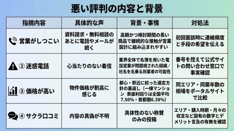 タイトル: 悪い評判の内容と背景。4列の表: ヘッダー行: 指摘内容 | 具体的な声 | 背景・事情 | 対処法。行1: 営業がしつこい | 資料請求・無料相談のあとに電話やメールが続く | 高額かつ検討期間の長い商品で継続的な接触が営業設計に組み込まれやすい | 初回面談時に連絡頻度と手段の希望を伝える。行2: 迷惑電話 | 心当たりのない着信 | 業界全体で名簿を用いた電話営業が問題視された経緯／社名を名乗る別業者の可能性 | 番号を控えて公式サイトの問い合わせ窓口で事実確認。行3: 価格が高い | 物件価格が割高に感じる | 都心・駅近に絞った選定方針の裏返し（一棟マンション表面利回りは全国平均7.56%・首都圏6.38%） | 同エリア・同築年数の相場をポータルサイトで比較。行4: サクラ口コミ | 内容の真偽が不明 | 具体性のない称賛のみの投稿 | エリア・購入時期・月々の収支など固有の数字とデメリット言及の有無を確認