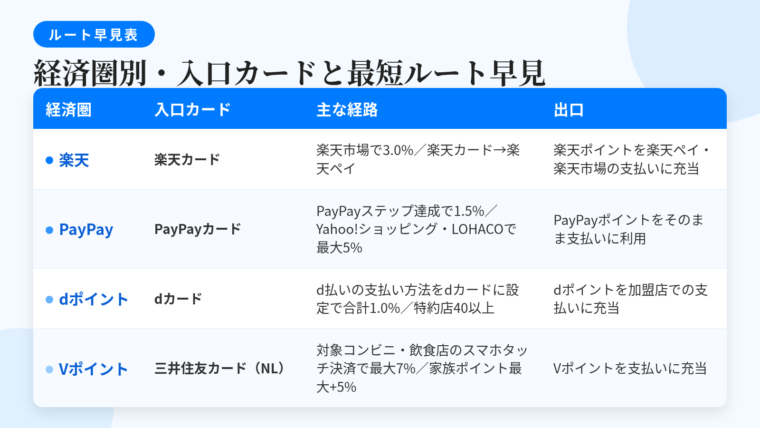 タイトル: 経済圏別・入口カードと最短ルート早見。4列の表: ヘッダー行: 経済圏 | 入口カード | 主な経路 | 出口。行1: 楽天 | 楽天カード | 楽天市場で3.0%/楽天カード→楽天ペイ | 楽天ポイントを楽天ペイ・楽天市場の支払いに充当。行2: PayPay | PayPayカード | PayPayステップ達成で1.5%/Yahoo!ショッピング・LOHACOで最大5% | PayPayポイントをそのまま支払いに利用。行3: dポイント | dカード | d払いの支払い方法をdカードに設定で合計1.0%/特約店40以上 | dポイントを加盟店での支払いに充当。行4: Vポイント | 三井住友カード(NL) | 対象コンビニ・飲食店のスマホタッチ決済で最大7%/家族ポイント最大+5% | Vポイントを支払いに充当