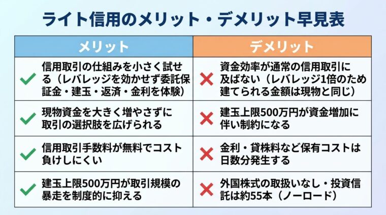タイトル: ライト信用のメリット・デメリット早見表。2列の表: ヘッダー行: メリット | デメリット。行1: 信用取引の仕組みを小さく試せる（レバレッジを効かせず委託保証金・建玉・返済・金利を体験） | 資金効率が通常の信用取引に及ばない（レバレッジ1倍のため建てられる金額は現物と同じ）。行2: 現物資金を大きく増やさずに取引の選択肢を広げられる | 建玉上限500万円が資金増加に伴い制約になる。行3: 信用取引手数料が無料でコスト負けしにくい | 金利・貸株料など保有コストは日数分発生する。行4: 建玉上限500万円が取引規模の暴走を制度的に抑える | 外国株式の取扱いなし・投資信託は約55本（ノーロード）