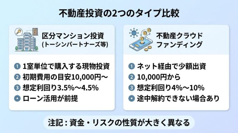 タイトル: 不動産投資の2つのタイプ比較。横並び2カードで: カード1(マンションのアイコン)ヘッダー: 区分マンション投資(トーシンパートナーズ等)、説明: 1室単位で購入する現物投資。初期費用の目安10,000円〜、想定利回り3.5%〜4.5%、ローン活用が前提。カード2(スマホとコインのアイコン)ヘッダー: 不動産クラウドファンディング、説明: ネット経由で少額出資。10,000円から、想定利回り4%〜10%、途中解約できない場合あり。下部に注記: 資金・リスクの性質が大きく異なる