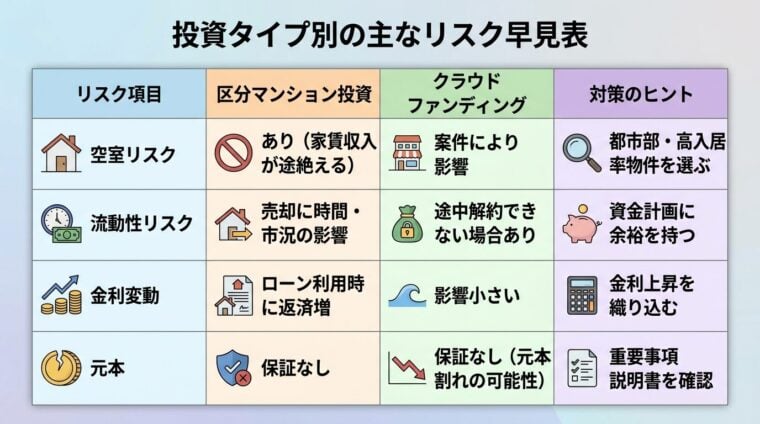 タイトル: 投資タイプ別の主なリスク早見表。4列の表: ヘッダー行: リスク項目 | 区分マンション投資 | クラウドファンディング | 対策のヒント。行1: 空室リスク | あり(家賃収入が途絶える) | 案件により影響 | 都市部・高入居率物件を選ぶ。行2: 流動性リスク | 売却に時間・市況の影響 | 途中解約できない場合あり | 資金計画に余裕を持つ。行3: 金利変動 | ローン利用時に返済増 | 影響小さい | 金利上昇を織り込む。行4: 元本 | 保証なし | 保証なし(元本割れの可能性) | 重要事項説明書を確認