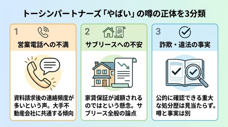 タイトル: トーシンパートナーズ「やばい」の噂の正体を3分類。横並び3カードで: カード1(電話アイコン)ヘッダー: 営業電話への不満、説明: 資料請求後の連絡頻度が多いという声。大手不動産会社に共通する傾向。カード2(家+契約書アイコン)ヘッダー: サブリースへの不安、説明: 家賃保証が減額されるのではという懸念。サブリース全般の論点。カード3(チェックマークアイコン)ヘッダー: 詐欺・違法の事実、説明: 公的に確認できる重大な処分歴は見当たらず。噂と事実は別。