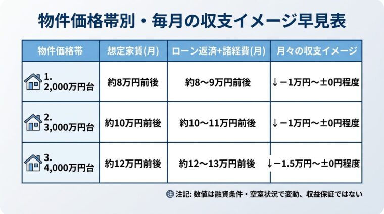 タイトル: 物件価格帯別・毎月の収支イメージ早見表。4列の表: ヘッダー行: 物件価格帯 | 想定家賃(月) | ローン返済+諸経費(月) | 月々の収支イメージ。行1: 2,000万円台 | 約8万円前後 | 約8〜9万円前後 | −1万円〜±0円程度。行2: 3,000万円台 | 約10万円前後 | 約10〜11万円前後 | −1万円〜±0円程度。行3: 4,000万円台 | 約12万円前後 | 約12〜13万円前後 | −1.5万円〜±0円程度。注記: 数値は融資条件・空室状況で変動、収益保証ではない
