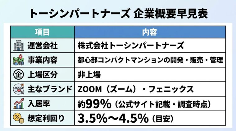 タイトル: トーシンパートナーズ 企業概要早見表。2列の表: 項目 | 内容。行1: 運営会社 | 株式会社トーシンパートナーズ。行2: 事業内容 | 都心部コンパクトマンションの開発・販売・管理。行3: 上場区分 | 非上場。行4: 主なブランド | ZOOM(ズーム)・フェニックス。行5: 入居率 | 約99%(公式サイト記載・調査時点)。行6: 想定利回り | 3.5%〜4.5%(目安)。
