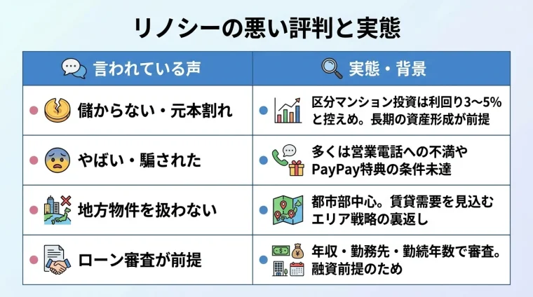 タイトル: リノシーの悪い評判と実態。2列の表形式。ヘッダー: 言われている声 | 実態・背景。行1: 儲からない・元本割れ | 区分マンション投資は利回り3〜5%と控えめ。長期の資産形成が前提。行2: やばい・騙された | 多くは営業電話への不満やPayPay特典の条件未達。行3: 地方物件を扱わない | 都市部中心。賃貸需要を見込むエリア戦略の裏返し。行4: ローン審査が前提 | 年収・勤務先・勤続年数で審査。融資前提のため