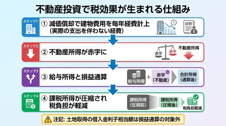 タイトル: 不動産投資で税効果が生まれる仕組み。フロー図で上から下へ。ステップ1: 減価償却で建物費用を毎年経費計上(実際の支出を伴わない経費)→ ステップ2: 不動産所得が赤字に→ ステップ3: 給与所得と損益通算→ ステップ4: 課税所得が圧縮され税負担が軽減。注記: 土地取得の借入金利子相当額は損益通算の対象外