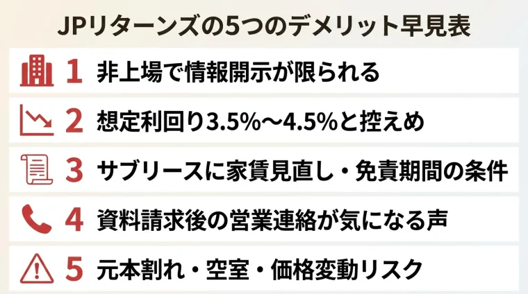 タイトル: JPリターンズの5つのデメリット早見表。縦並び5項目のリスト形式で: 項目1(会社アイコン)非上場で情報開示が限られる。項目2(グラフ下降アイコン)想定利回り3.5%〜4.5%と控えめ。項目3(契約書アイコン)サブリースに家賃見直し・免責期間の条件。項目4(電話アイコン)資料請求後の営業連絡が気になる声。項目5(警告アイコン)元本割れ・空室・価格変動リスク。各項目は赤系のアクセントカラー