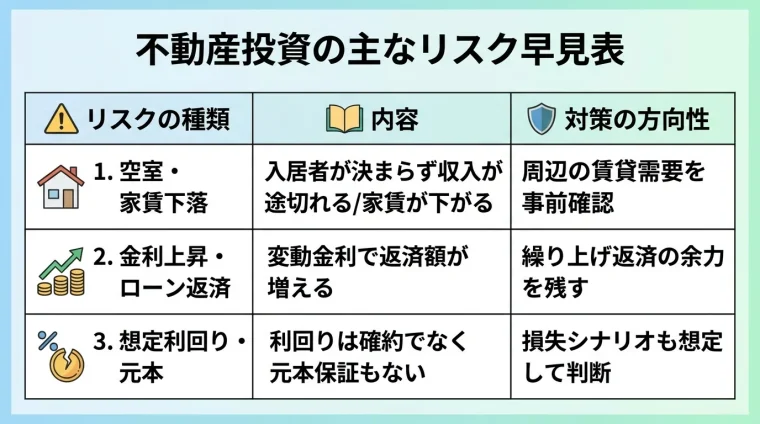 タイトル: 不動産投資の主なリスク早見表。3列の表: ヘッダー行: リスクの種類 | 内容 | 対策の方向性。行1: 空室・家賃下落 | 入居者が決まらず収入が途切れる/家賃が下がる | 周辺の賃貸需要を事前確認。行2: 金利上昇・ローン返済 | 変動金利で返済額が増える | 繰り上げ返済の余力を残す。行3: 想定利回り・元本 | 利回りは確約でなく元本保証もない | 損失シナリオも想定して判断