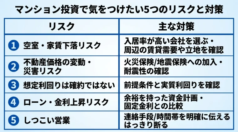 タイトル: マンション投資で気をつけたい5つのリスクと対策。2列の表。ヘッダー行: リスク | 主な対策。行1: 空室・家賃下落リスク | 入居率が高い会社を選ぶ・周辺の賃貸需要や立地を確認。行2: 不動産価格の変動・災害リスク | 火災保険/地震保険への加入・耐震性の確認。行3: 想定利回りは確約ではない | 前提条件と実質利回りを確認。行4: ローン・金利上昇リスク | 余裕を持った資金計画・固定金利との比較。行5: しつこい営業 | 連絡手段/時間帯を明確に伝える・はっきり断る