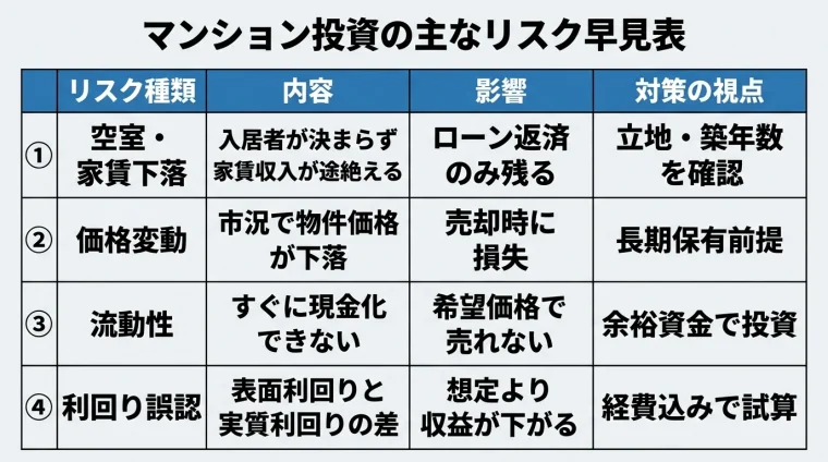 タイトル: マンション投資の主なリスク早見表。4列の表: ヘッダー行: リスク種類 | 内容 | 影響 | 対策の視点。行1: 空室・家賃下落 | 入居者が決まらず家賃収入が途絶える | ローン返済のみ残る | 立地・築年数を確認。行2: 価格変動 | 市況で物件価格が下落 | 売却時に損失 | 長期保有前提。行3: 流動性 | すぐに現金化できない | 希望価格で売れない | 余裕資金で投資。行4: 利回り誤認 | 表面利回りと実質利回りの差 | 想定より収益が下がる | 経費込みで試算
