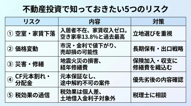 タイトル: 不動産投資で知っておきたい5つのリスク。5列の表: ヘッダー行: リスク | 内容 | 対策。行1: 空室・家賃下落 | 入居者がつかないと家賃収入なし。空き家率13.8%と過去最高 | 立地選びを重視。行2: 価格変動 | 市況・金利で値下がりし売却損の可能性 | 長期保有・出口戦略。行3: 災害・修繕 | 地震火災の損害、経年の修繕費 | 保険加入・収支に修繕費を織込む。行4: CF元本割れ・分配金 | 元本保証なし、途中解約不可の案件も | 優先劣後の内容を確認。行5: 税効果の過信 | 税効果は個人差、土地借入金利子は対象外 | 税理士に相談。