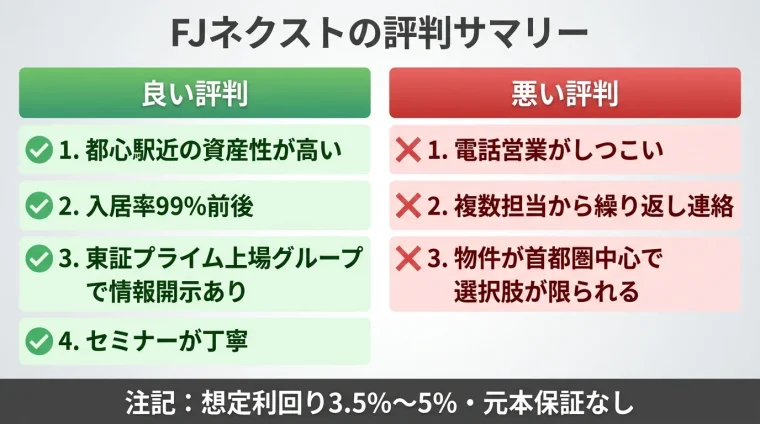タイトル: FJネクストの評判サマリー。左右2カラム比較。左カラム(緑・良い評判)ヘッダー: 良い評判、項目: 都心駅近の資産性が高い、入居率99%前後、東証プライム上場グループで情報開示あり、セミナーが丁寧。右カラム(赤・悪い評判)ヘッダー: 悪い評判、項目: 電話営業がしつこい、複数担当から繰り返し連絡、物件が首都圏中心で選択肢が限られる。下部に注記: 想定利回り3.5%〜5%・元本保証なし