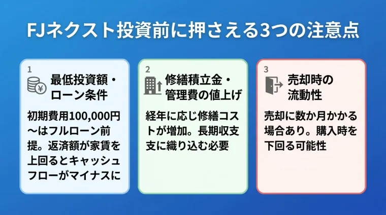 タイトル: FJネクスト投資前に押さえる3つの注意点。横並び3カード。カード1(お金アイコン)ヘッダー: 最低投資額・ローン条件、説明: 初期費用100,000円〜はフルローン前提。返済額が家賃を上回るとキャッシュフローがマイナスに。カード2(建物アイコン)ヘッダー: 修繕積立金・管理費の値上げ、説明: 経年に応じ修繕コストが増加。長期収支に織り込む必要。カード3(出口アイコン)ヘッダー: 売却時の流動性、説明: 売却に数か月かかる場合あり。購入時を下回る可能性
