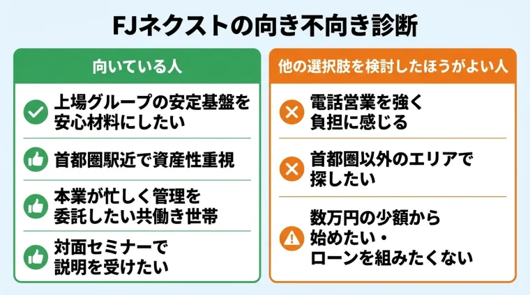 タイトル: FJネクストの向き不向き診断。左右2カラム。左カラム(緑・向いている人)ヘッダー: 向いている人、項目: 上場グループの安定基盤を安心材料にしたい、首都圏駅近で資産性重視、本業が忙しく管理を委託したい共働き世帯、対面セミナーで説明を受けたい。右カラム(オレンジ・他の選択肢を検討)ヘッダー: 他の選択肢を検討したほうがよい人、項目: 電話営業を強く負担に感じる、首都圏以外のエリアで探したい、数万円の少額から始めたい・ローンを組みたくない
