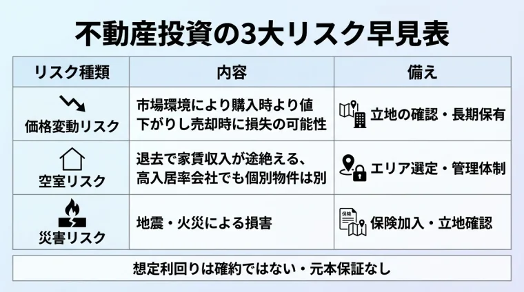 タイトル: 不動産投資の3大リスク早見表。3列の表。ヘッダー行: リスク種類 | 内容 | 備え。行1: 価格変動リスク | 市場環境により購入時より値下がりし売却時に損失の可能性 | 立地の確認・長期保有。行2: 空室リスク | 退去で家賃収入が途絶える。高入居率会社でも個別物件は別 | エリア選定・管理体制。行3: 災害リスク | 地震・火災による損害 | 保険加入・立地確認。下部注記: 想定利回りは確約ではない・元本保証なし