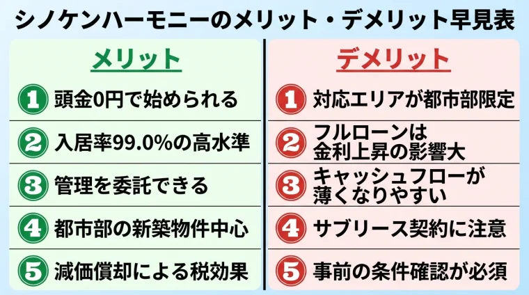 タイトル: シノケンハーモニーのメリット・デメリット早見表。2列の対比表。左列（緑・メリット）: 頭金0円で始められる / 入居率99.0%の高水準 / 管理を委託できる / 都市部の新築物件中心 / 減価償却による税効果。右列（赤・デメリット）: 対応エリアが都市部限定 / フルローンは金利上昇の影響大 / キャッシュフローが薄くなりやすい / サブリース契約に注意 / 事前の条件確認が必須