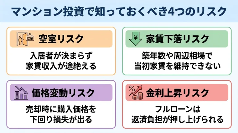 タイトル: マンション投資で知っておくべき4つのリスク。2&times;2グリッドのカード。カード1（空室アイコン）空室リスク: 入居者が決まらず家賃収入が途絶える。カード2（下矢印アイコン）家賃下落リスク: 築年数や周辺相場で当初家賃を維持できない。カード3（グラフ下降アイコン）価格変動リスク: 売却時に購入価格を下回り損失が出る。カード4（％アイコン）金利上昇リスク: フルローンは返済負担が押し上げられる