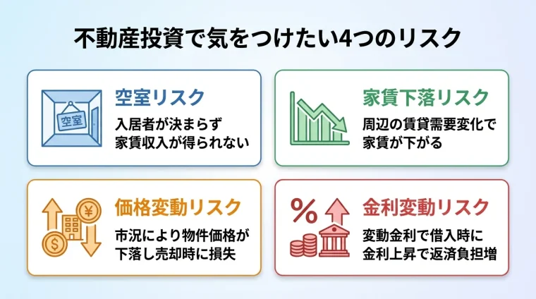 タイトル: 不動産投資で気をつけたい4つのリスク。2×2のカード型レイアウト: カード1(空室アイコン)空室リスク: 入居者が決まらず家賃収入が得られない。カード2(下降グラフアイコン)家賃下落リスク: 周辺の賃貸需要変化で家賃が下がる。カード3(価格変動アイコン)価格変動リスク: 市況により物件価格が下落し売却時に損失。カード4(金利アイコン)金利変動リスク: 変動金利で借入時に金利上昇で返済負担増