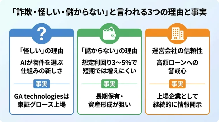 タイトル: 「詐欺・怪しい・儲からない」と言われる3つの理由と事実。横並び3カードで: カード1(はてなマークアイコン)ヘッダー: 「怪しい」の理由、説明: AIが物件を選ぶ仕組みの新しさ。事実: GA technologiesは東証グロース上場。カード2(財布アイコン)ヘッダー: 「儲からない」の理由、説明: 想定利回り3〜5%で短期では増えにくい。事実: 長期保有・資産形成が狙い。カード3(ビルアイコン)ヘッダー: 運営会社の信頼性、説明: 高額ローンへの警戒心。事実: 上場企業として継続的に情報開示