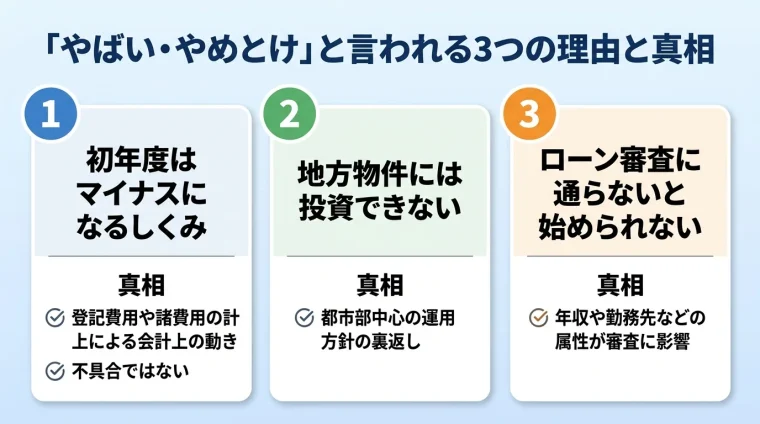 タイトル: 「やばい・やめとけ」と言われる3つの理由と真相。縦並び3カード。カード1ヘッダー: 初年度はマイナスになるしくみ、真相: 登記費用や諸費用の計上による会計上の動き。不具合ではない。カード2ヘッダー: 地方物件には投資できない、真相: 都市部中心の運用方針の裏返し。カード3ヘッダー: ローン審査に通らないと始められない、真相: 年収や勤務先などの属性が審査に影響