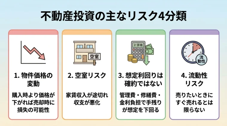 タイトル: 不動産投資の主なリスク4分類。横並び4カードで: カード1（グラフ下降アイコン）物件価格の変動、説明: 購入時より価格が下がれば売却時に損失の可能性。カード2（空室アイコン）空室リスク、説明: 家賃収入が途切れ収支が悪化。カード3（計算機アイコン）想定利回りは確約ではない、説明: 管理費・修繕費・金利負担で手残りが想定を下回る。カード4（時計アイコン）流動性リスク、説明: 売りたいときにすぐ売れるとは限らない